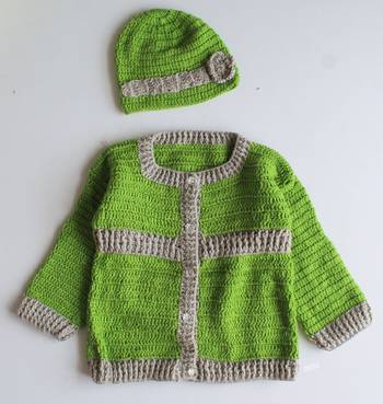 Woonie Handmade Full Sleeves Sweater With Floral Design Cap - Green 1