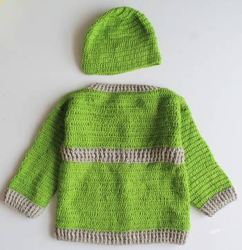 Woonie Handmade Full Sleeves Sweater With Floral Design Cap - Green 2