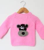 Woonie Full Sleeves Animal Pattern Handmade Sweater - Pink