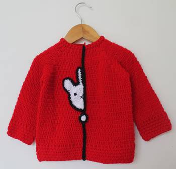 Woonie Full Sleeves Bunny Patch Handmade Sweater - Red 1