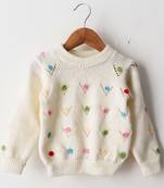 Woonie Full Sleeves Floral Knit Detailing Sweater - Cream