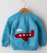 Woonie Full Sleeves Handmade Airoplane Design Sweater - Blue
