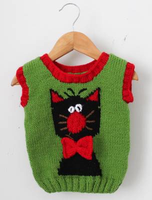 Woonie Half Sleeves Handmade Kitty Design Sweater - Green 1