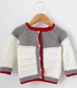 Woonie Full Sleeves Handmade Front Openable Sweater - Grey & Cream