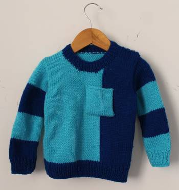 Woonie Full Sleeves Handmade Dual Shaded Pocket Design Sweater - Blue 1