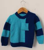 Woonie Full Sleeves Handmade Dual Shaded Pocket Design Sweater - Blue