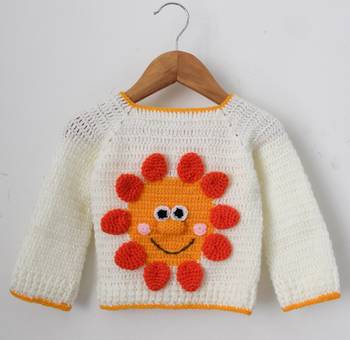 Woonie Full Sleeves Handmad Sun Flower Face Design Sweater - Cream 1