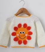 Woonie Full Sleeves Handmad Sun Flower Face Design Sweater - Cream