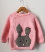Woonie Full Sleeves Handmade Bunny Face Sweater - Pink