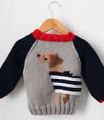 Woonie Full Sleeves Handmade Dual Shaded Dog Face Sweater - Grey & Black