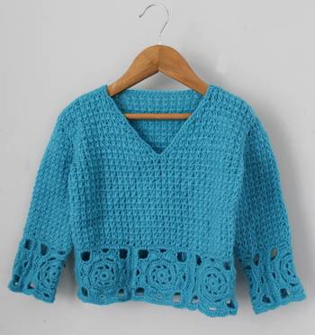 Woonie Full Sleeves Handmade Lace Design Sweater - Blue 1