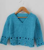 Woonie Full Sleeves Handmade Lace Design Sweater - Blue