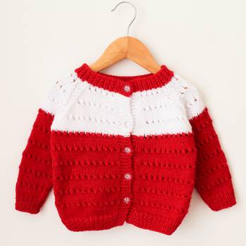 Woonie Handmade Full Sleeves Dual Colour Self Design Sweater For Kids-Red&White 1