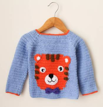 Woonie Handmade Full Sleeves Tiger Face Detailing  Sweater For Kids-Light Blue 1