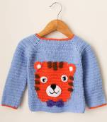 Woonie Handmade Full Sleeves Tiger Face Detailing  Sweater For Kids-Light Blue
