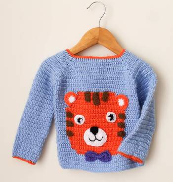 Woonie Handmade Full Sleeves Tiger Face Detailing  Sweater For Kids-Light Blue 3