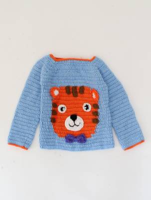 Woonie Handmade Full Sleeves Tiger Face Detailing  Sweater For Kids-Light Blue 4