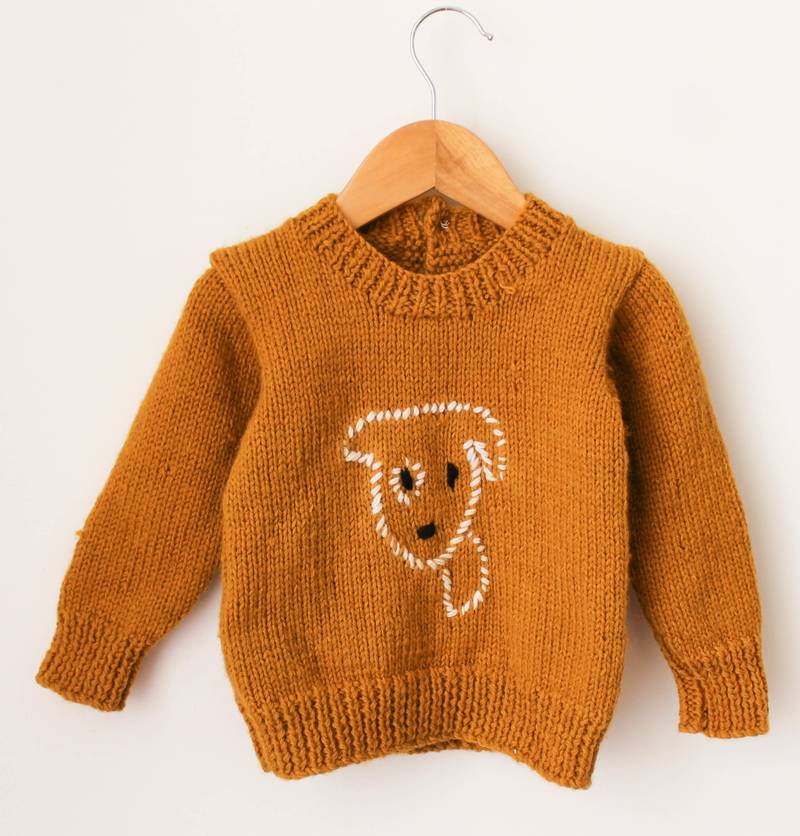Woonie Handmade Full Sleeves Face Deailing Sweater For Kids- Brown