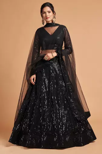 black net sequin work lehenga set choli with dupatta for women