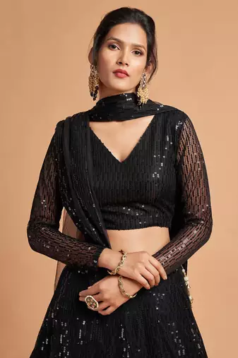 black net sequin work lehenga set choli with dupatta for women