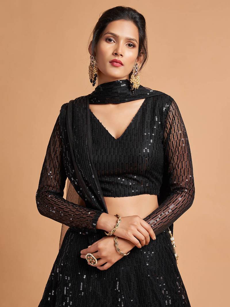Black Net Sequin Work Lehenga Choli Set for Women
