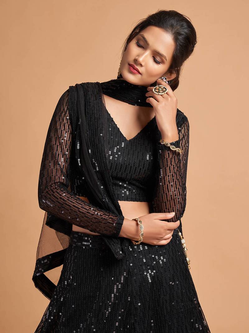 Black Net Sequin Work Lehenga Choli Set for Women
