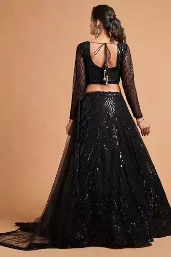 black net sequin work lehenga set choli with dupatta for women