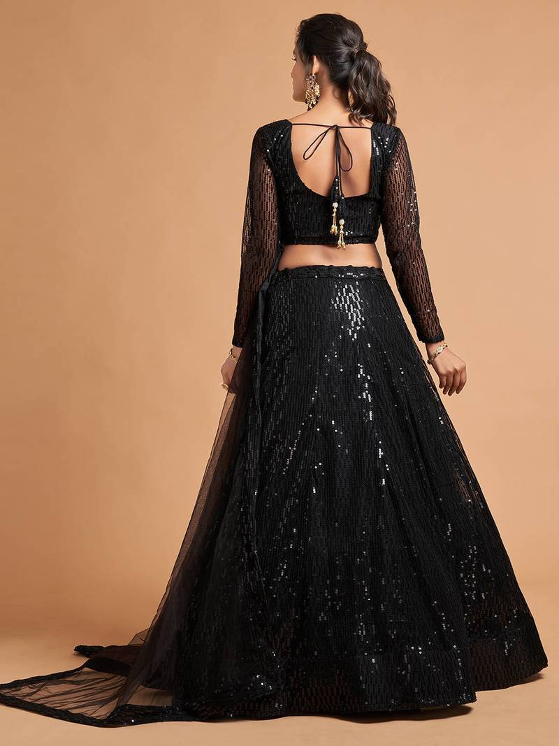 Black Net Sequin Work Lehenga Choli Set for Women