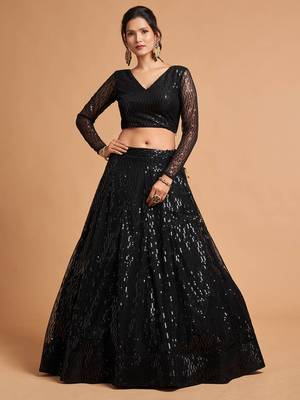 black net sequin work lehenga set choli with dupatta for women 7