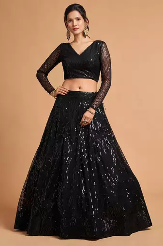 black net sequin work lehenga set choli with dupatta for women