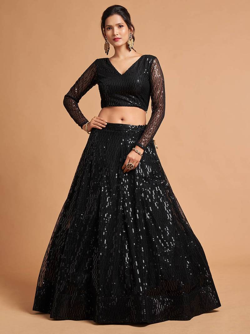Black Net Sequin Work Lehenga Choli Set for Women