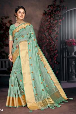 Blue woven organza saree with blouse 1