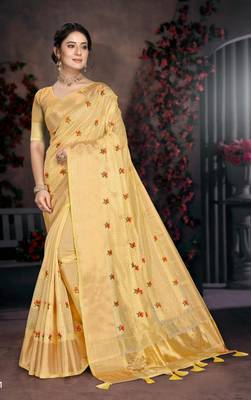 Yellow woven organza saree with blouse 1