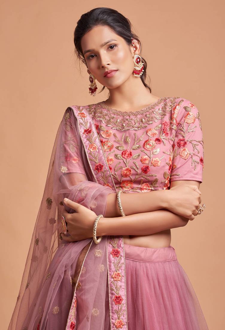 Exotic Pink Soft Net Zari Embroidered Wedding Bridal Lehenga Choli with Dupatta