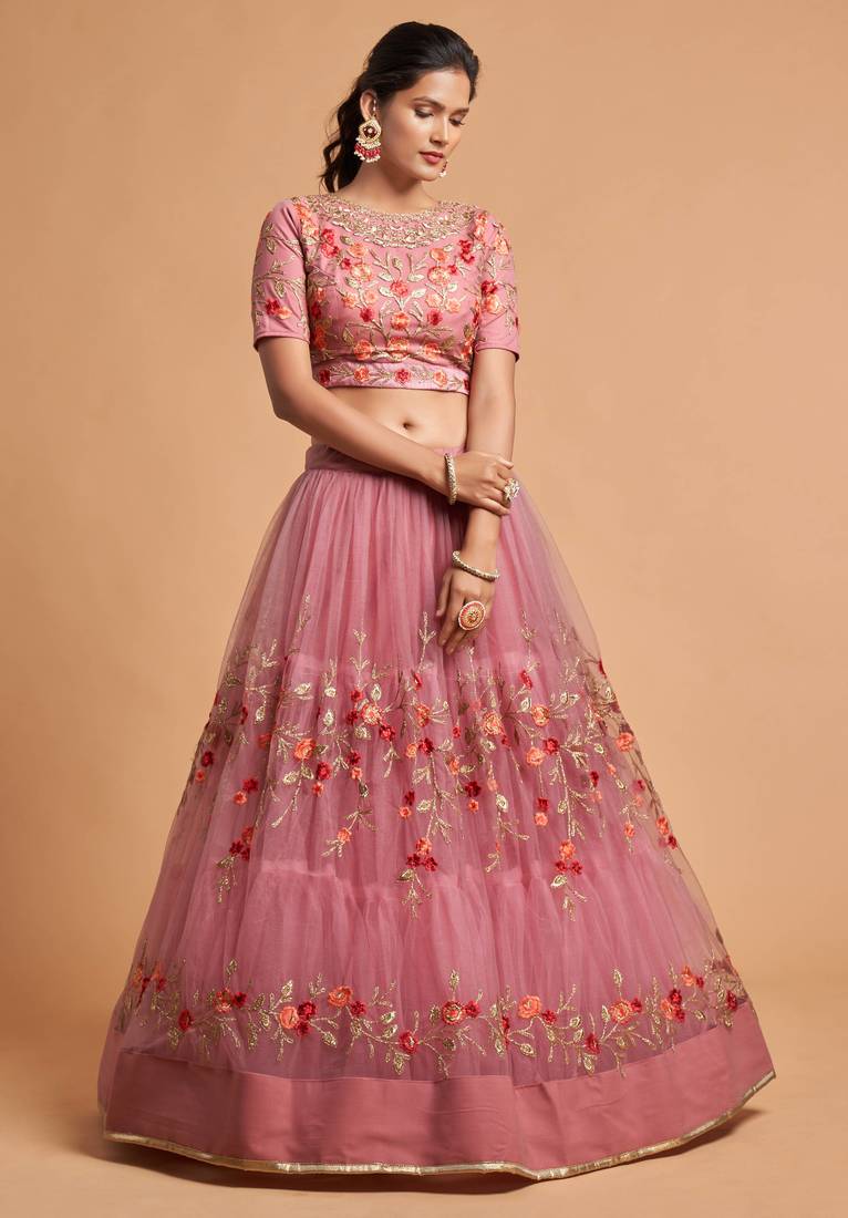 Exotic Pink Soft Net Zari Embroidered Wedding Bridal Lehenga Choli with Dupatta
