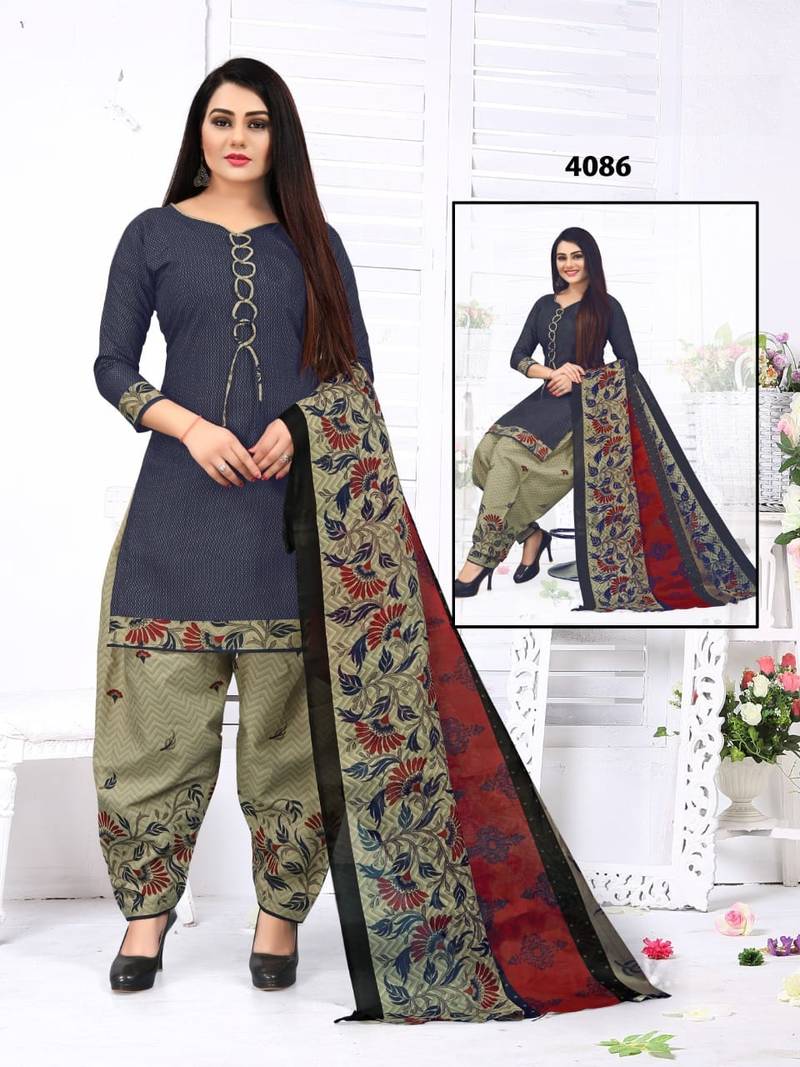 Peach & White Cotton Blend Printed Unstitched Salwar Suit Material