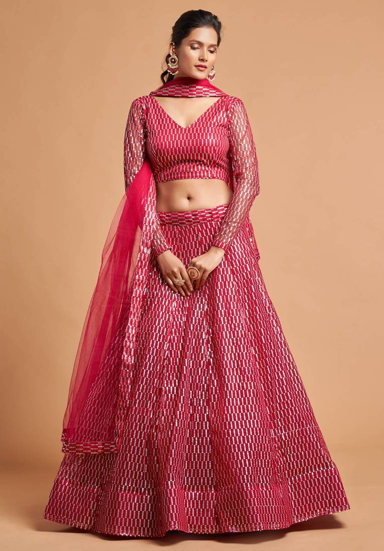 Exotic Hot Pink Soft Net Sequins Embroidered Wedding Bridal Lehenga Choli with Dupatta