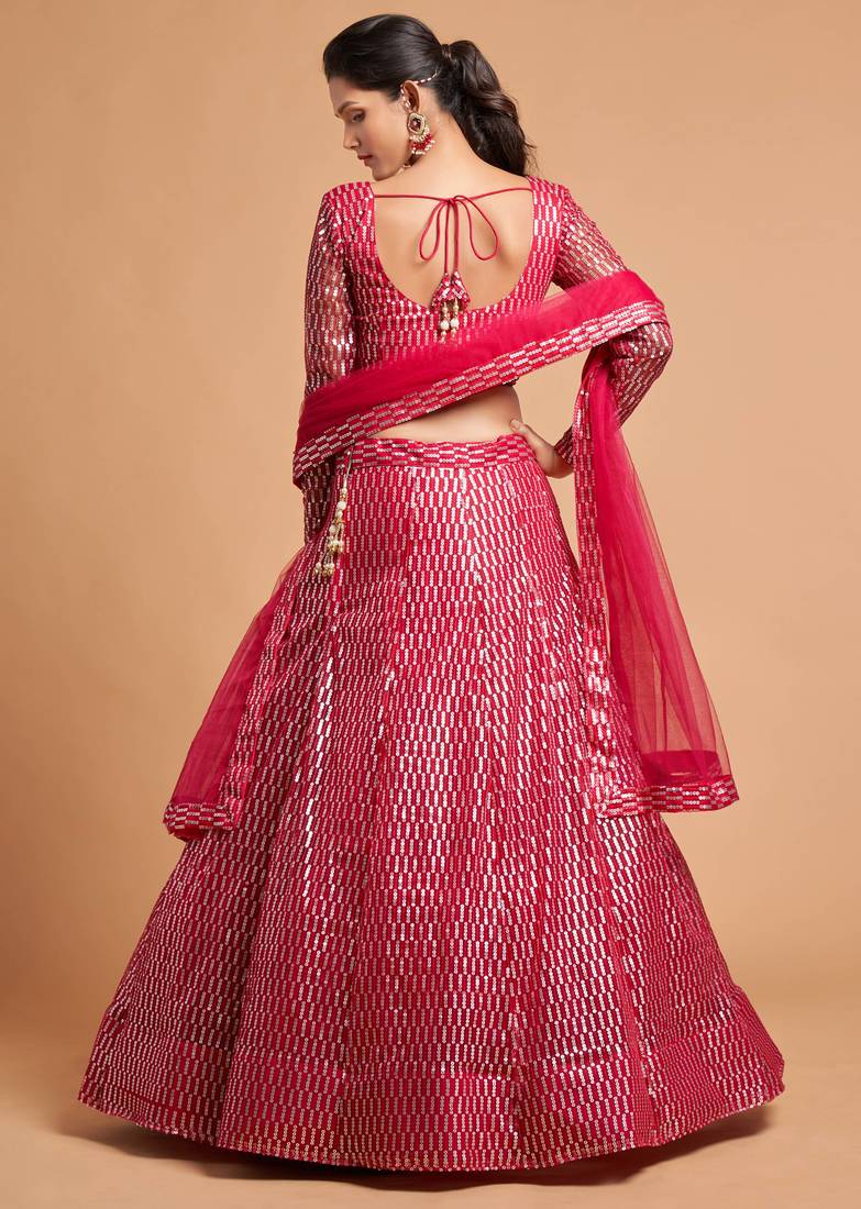 Exotic Hot Pink Soft Net Sequins Embroidered Wedding Bridal Lehenga Choli with Dupatta