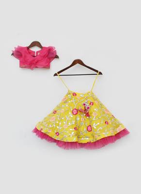 Pink Organza Frill Top and Yellow Embroidery Lehenga 1