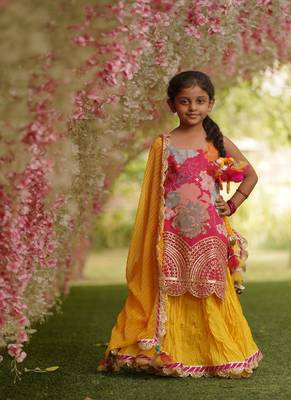 Pink Georgette Print Kurti and Yellow Ghagraa Dupatta 1