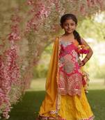 Pink Georgette Print Kurti and Yellow Ghagraa Dupatta