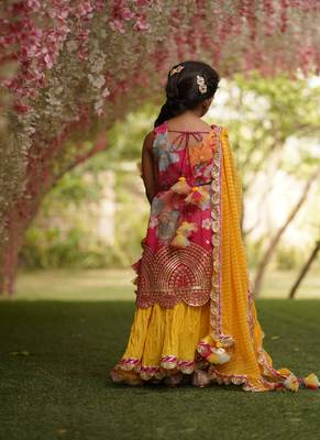 Pink Georgette Print Kurti and Yellow Ghagraa Dupatta 2