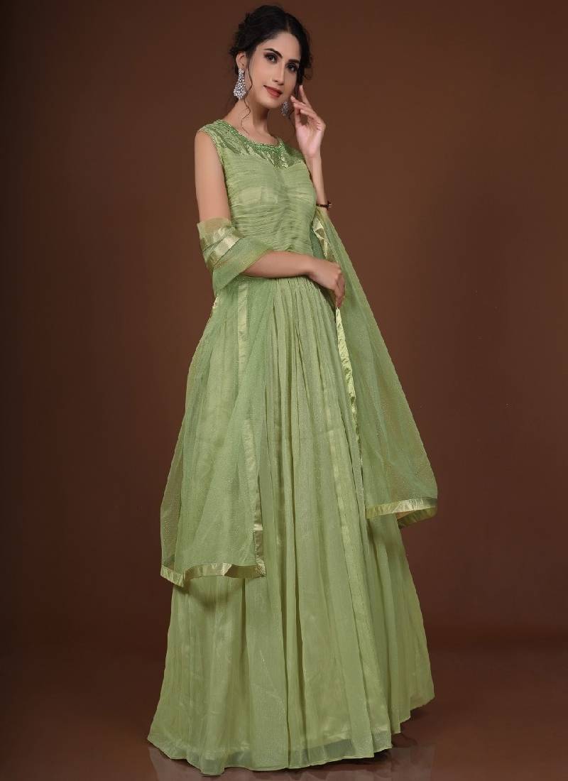 Pista Green Pleated Georgette Readymade Gown Anarkali Salwar
