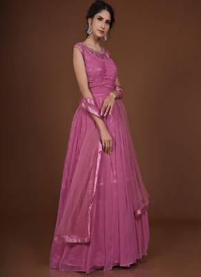 Hot Pink Pleated Georgette Readymade Gown Anarkali Salwar Kameez 1