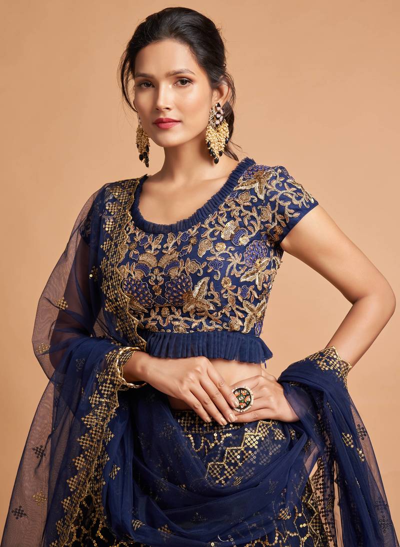 Exotic Navy Blue Soft Net Zari Embroidered Wedding Bridal Lehenga Choli with Dupatta