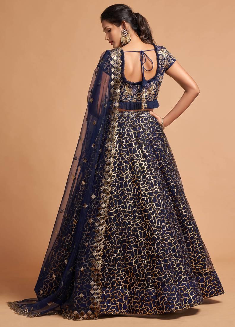 Exotic Navy Blue Soft Net Zari Embroidered Wedding Bridal Lehenga Choli with Dupatta
