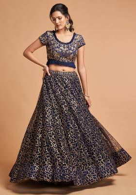 exotic navy blue soft net zari embroidered wedding bridal lehenga set choli with dupatta with dupatta 5