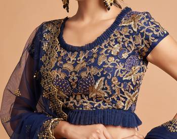 exotic navy blue soft net zari embroidered wedding bridal lehenga set choli with dupatta with dupatta 6