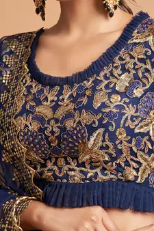 exotic navy blue soft net zari embroidered wedding bridal lehenga set choli with dupatta with dupatta