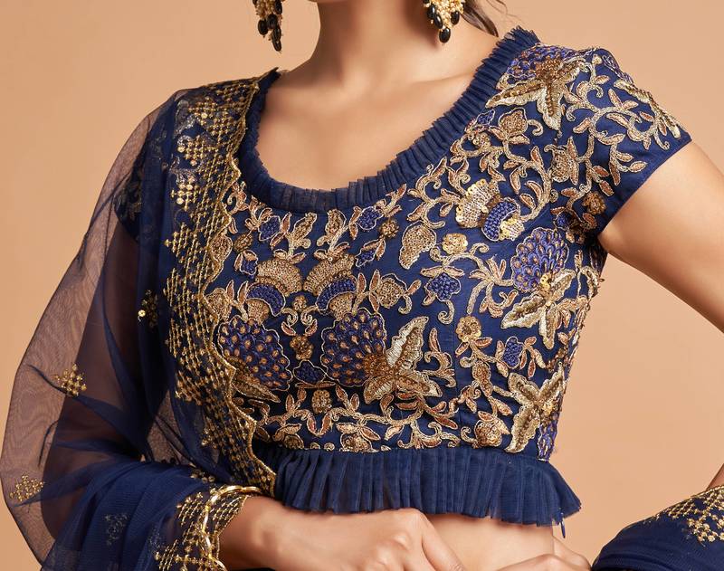 Exotic Navy Blue Soft Net Zari Embroidered Wedding Bridal Lehenga Choli with Dupatta